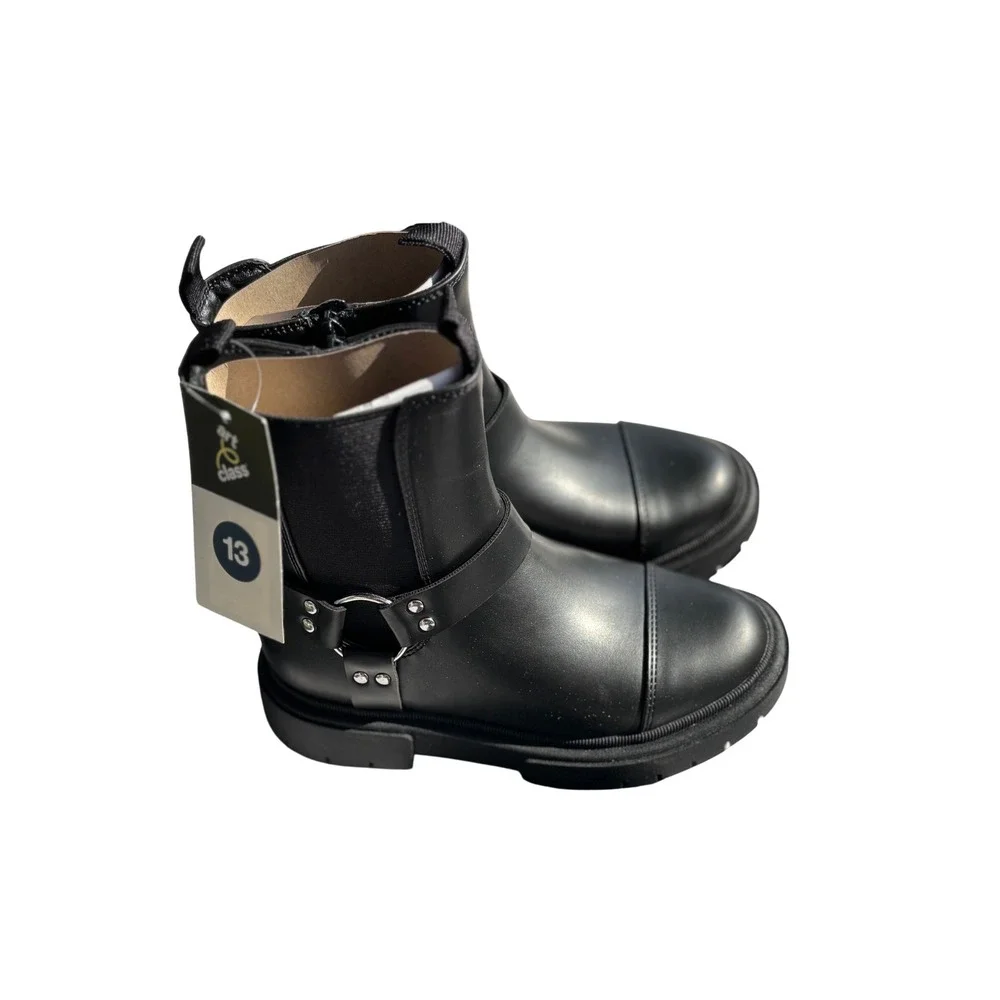 Art Class Kids Black Harness Ankle Boots Chunky Lug Sole Side Zip Size 13 NEW‎